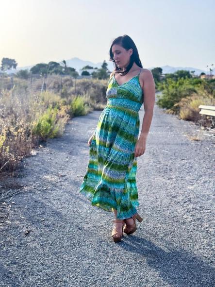 VESTIDO LARGO FRANJAS DE COLORES VERDE Y AZUL