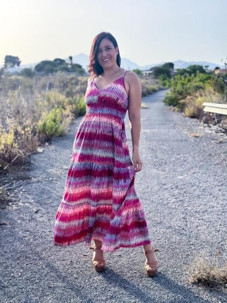 VESTIDO LARGO FRANJAS DE COLORES ROSA Y GRANATE