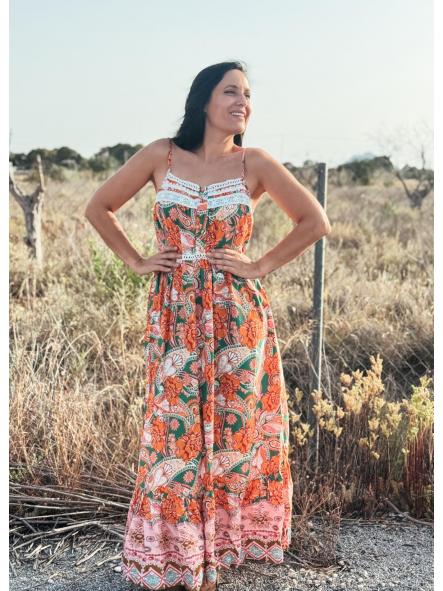 VESTIDO FONDO VERDE FLORES NARANJA [3]