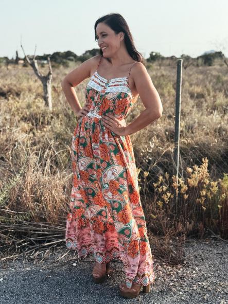 VESTIDO FONDO VERDE FLORES NARANJA [2]