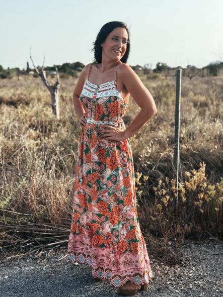 VESTIDO FONDO VERDE FLORES NARANJA