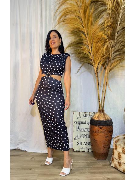 VESTIDO NEGRO DE LUNARES CON HOMBRERAS HEBILLA DORADA
