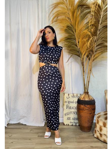 VESTIDO NEGRO DE LUNARES CON HOMBRERAS HEBILLA DORADA [1]