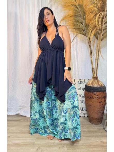PANTALON CACHIMIR TIPO BOHO FONDO TURQUESA