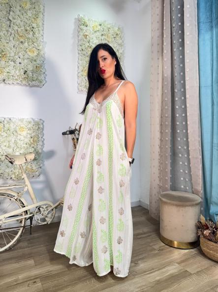 MONO BOHO DE RAYAS PLATEADAS Y DORADAS MOTIVOS GRIEGOS VERDE