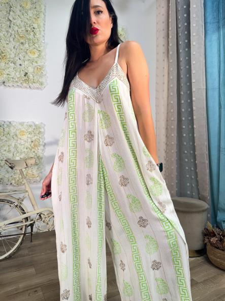MONO BOHO DE RAYAS PLATEADAS Y DORADAS MOTIVOS GRIEGOS VERDE [2]