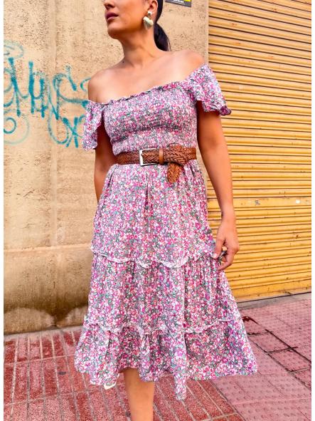 VESTIDO ROSA FLORECITAS PANAL DE ABEJA