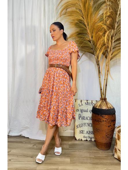 VESTIDO NARANJA FLORECITAS PANAL DE ABEJA