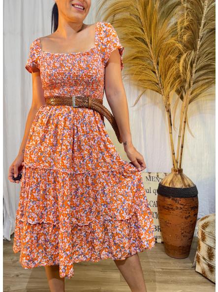 VESTIDO NARANJA FLORECITAS PANAL DE ABEJA [1]