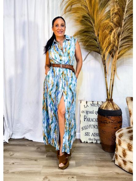 VESTIDO CAMISERO LARGO CON LAZADA TONOS AZULES