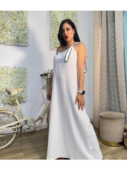 VESTIDO NEGRO RIBETE BLANCO CON SOLO UN TIRANTE