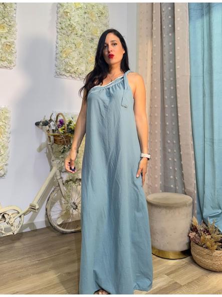 VESTIDO TURQUESA RIBETE BLANCO CON SOLO UN TIRANTE