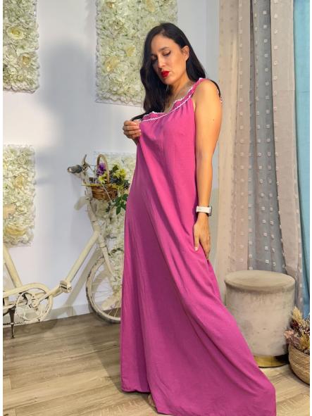 VESTIDO FUCSIA RIBETE BLANCO CON SOLO UN TIRANTE [0]