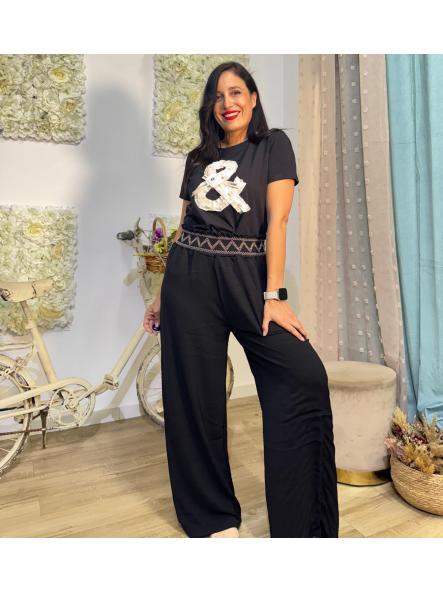 PANTALON NEGRO CINTURA ELASTICA CON PESPUNTES MARRONES EN EL ELASTICO [1]
