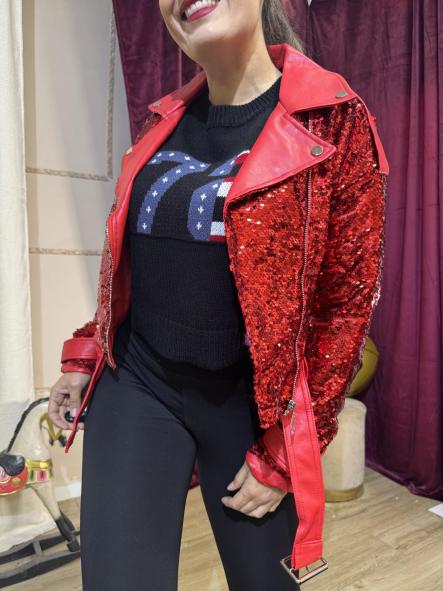 CHAQUETA POLIPIEL LENTEJUELAS ROJAS