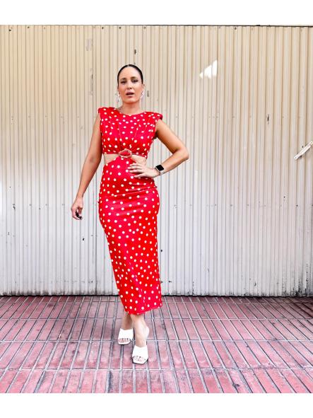 VESTIDO rojo DE LUNARES CON HOMBRERAS HEBILLA DORADA [1]