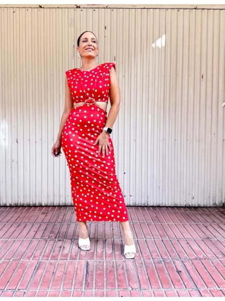 VESTIDO rojo DE LUNARES CON HOMBRERAS HEBILLA DORADA [0]