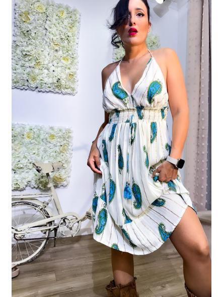 VESTIDO  CORTO CACHIMIR TURQUESA FONDO BLANCO
