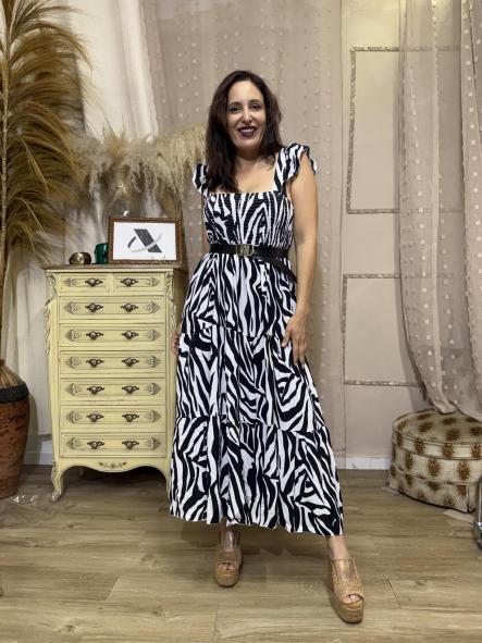 VESTIDO CORTE MIDI ANIMAL PRINT NEGRO