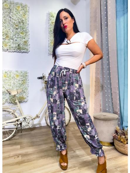 PANTALON DE LICRA FRIA TONOS BERENJENAS Y BEIG
