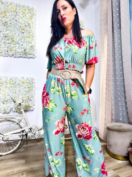 CONJUNTO FONDO TURQUESA DE LICRA FRIA ESTAMPADOS PANTALON CAMAL ANCHO  [1]