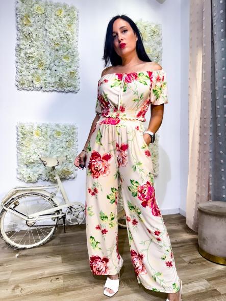 CONJUNTO FONDO BEIG DE LICRA FRIA ESTAMPADOS PANTALON CAMAL ANCHO 