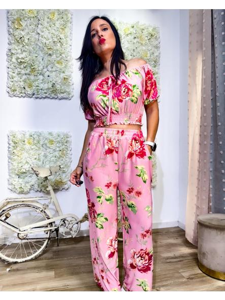 CONJUNTO FONDO ROSA DE LICRA FRIA ESTAMPADOS PANTALON CAMAL ANCHO 