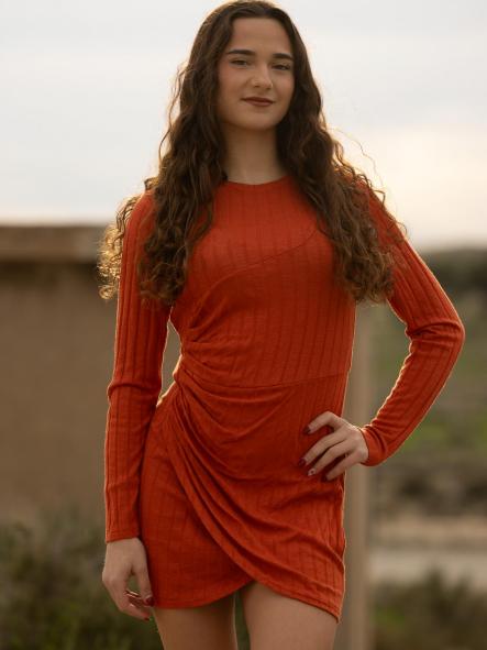 VESTIDO NARANJA OSCURO TIPO CANALE FRUNCIDO EN EL LADO [5]
