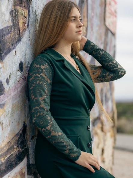 MONO VERDE CORTO EFECTO VESTIDO VESTIDO MANGAS DE ENCAJE [1]