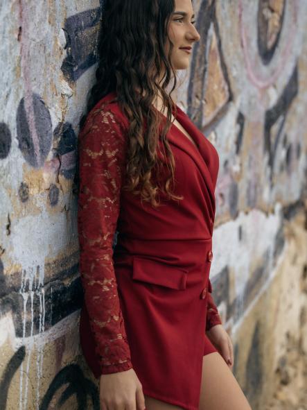 MONO GRANATE CORTO EFECTO VESTIDO VESTIDO MANGAS DE ENCAJE [2]