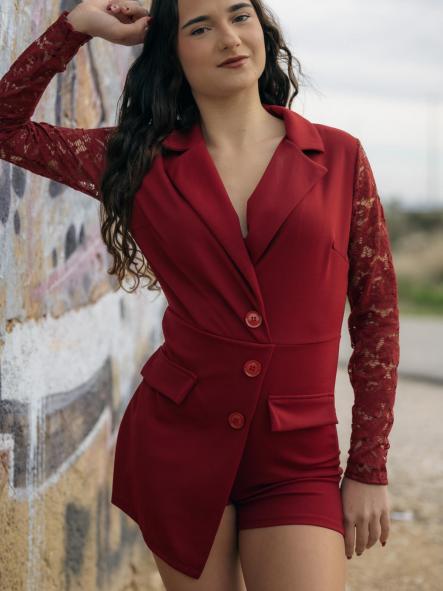 MONO GRANATE CORTO EFECTO VESTIDO VESTIDO MANGAS DE ENCAJE [1]