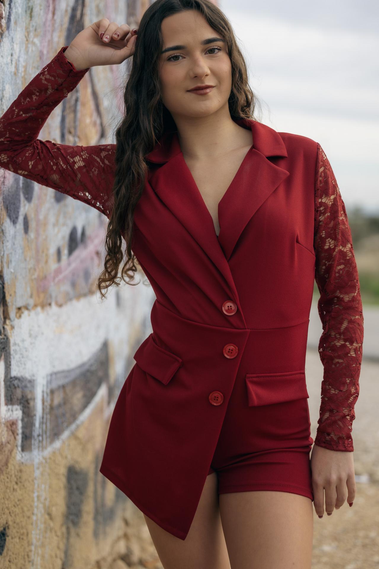 MONO GRANATE CORTO EFECTO VESTIDO VESTIDO MANGAS DE ENCAJE