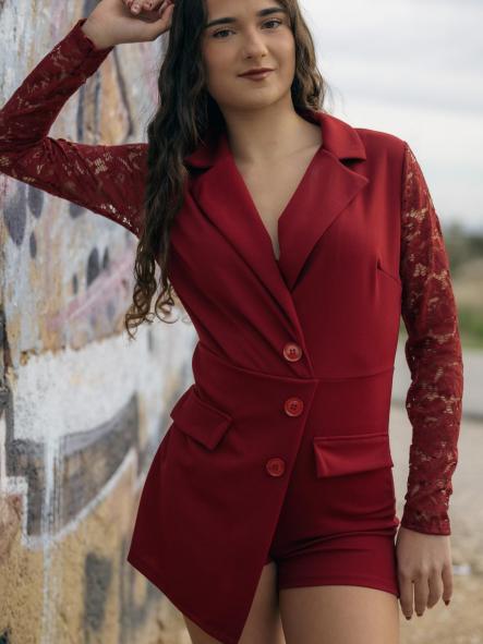 MONO GRANATE CORTO EFECTO VESTIDO VESTIDO MANGAS DE ENCAJE