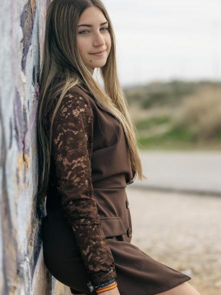 MONO MARRON CHOCOLATE CORTO EFECTO VESTIDO VESTIDO MANGAS DE ENCAJE [5]