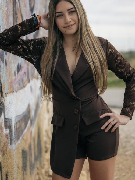 MONO MARRON CHOCOLATE CORTO EFECTO VESTIDO VESTIDO MANGAS DE ENCAJE [4]