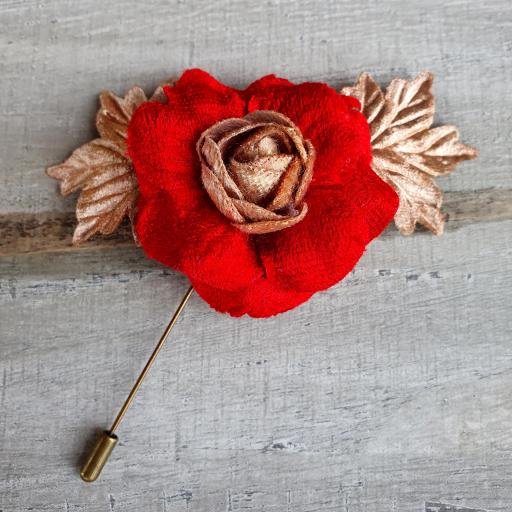 Alfiler de sombrero broche flor de terciopelo roja Flora [0]