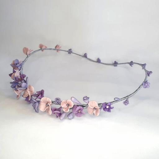 Corona tocado multiposición de porcelana flores rosa y lila Leta [2]