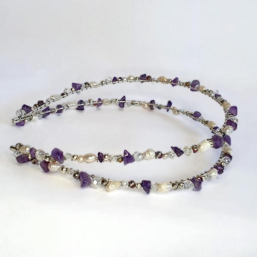 Diadema doble tocado joya con amatistas, perlas de río y cristales Violet [0]