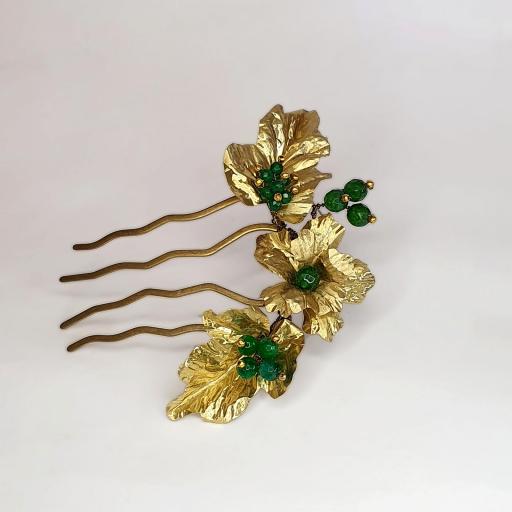 Peineta dorada flores y hojas de metal con racimos de jade verde art nouveau Edith [0]