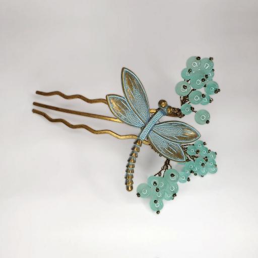 Peineta con libélula de metal con racimos de cristal color aguamarina art nouveau Isobel [0]
