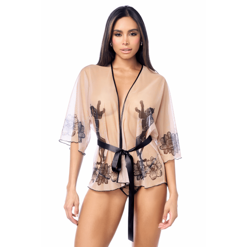 Bata nude transparente con flores negras