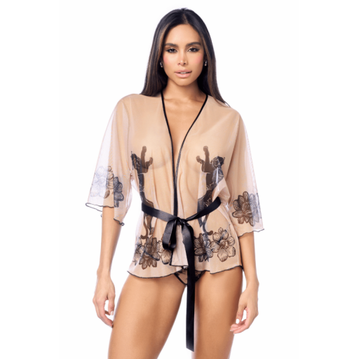 Bata nude transparente con flores negras