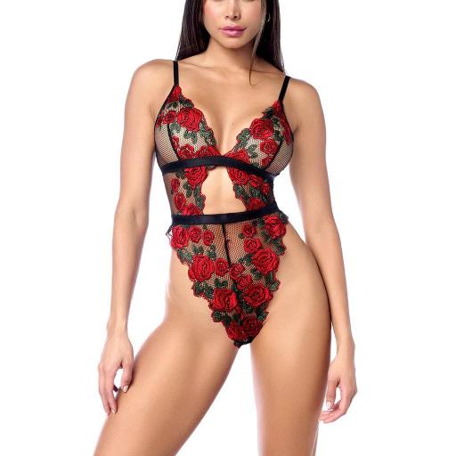 Body negro cintura alta bordado de rosas