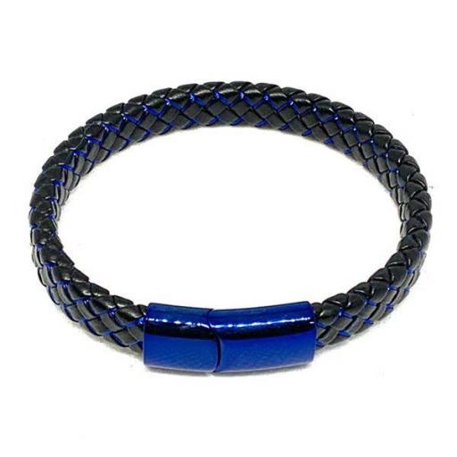 Pulsera piel negro&azul cierre magnético acero azul