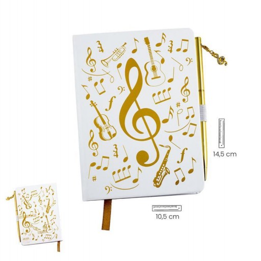 Agenda notas Música blanca oro con bolígrafo