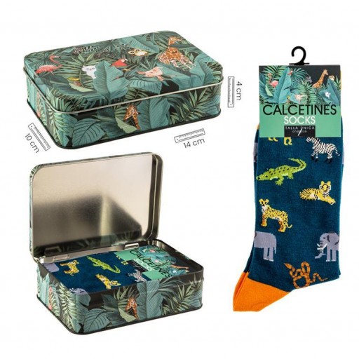 Calcetines Azules  con animales salvajes en caja metal decorada