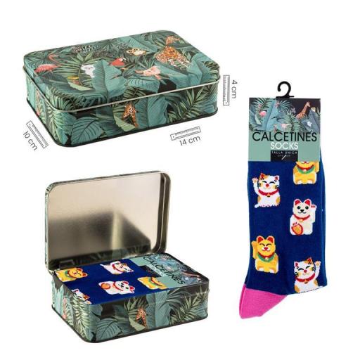 Calcetines Azules con Gato Chino de la suerte en caja metal decorada
