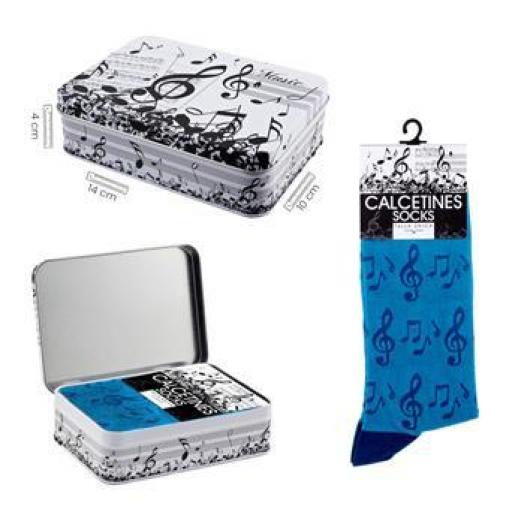 Calcetines Música azul claro con claves de sol y notas musicales en caja metal decorada