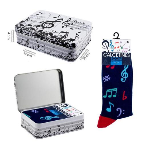 Calcetines Música Azules  con notas musicales de colores en caja metal decorada