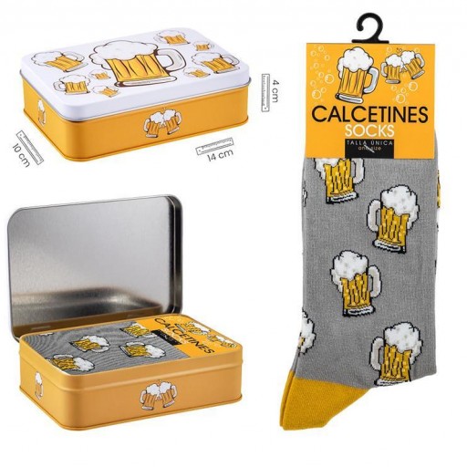 Calcetines Grises con Jarras de Cerveza en caja metal decorada